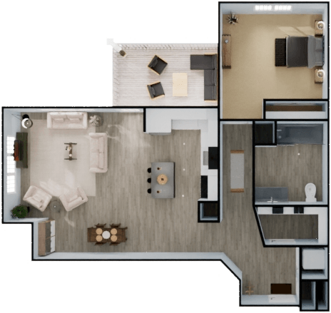 Floor plan for 1 bed, 1 bath, 860 sqft